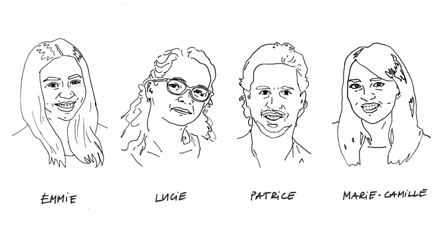 L’équipe d’ar-quo, dessinée : Emmie, Lucie, Patrice et Marie-Camille